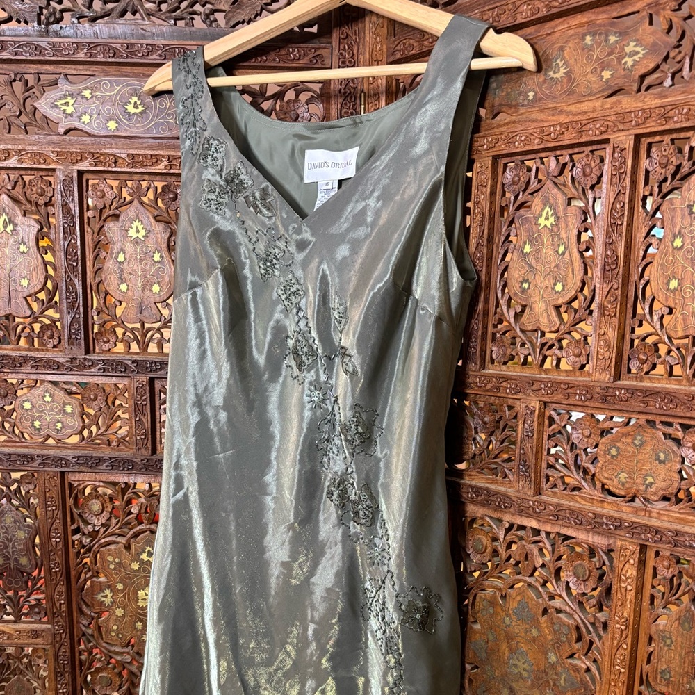 David's Bridal Metallic Green Dress with Floral Details